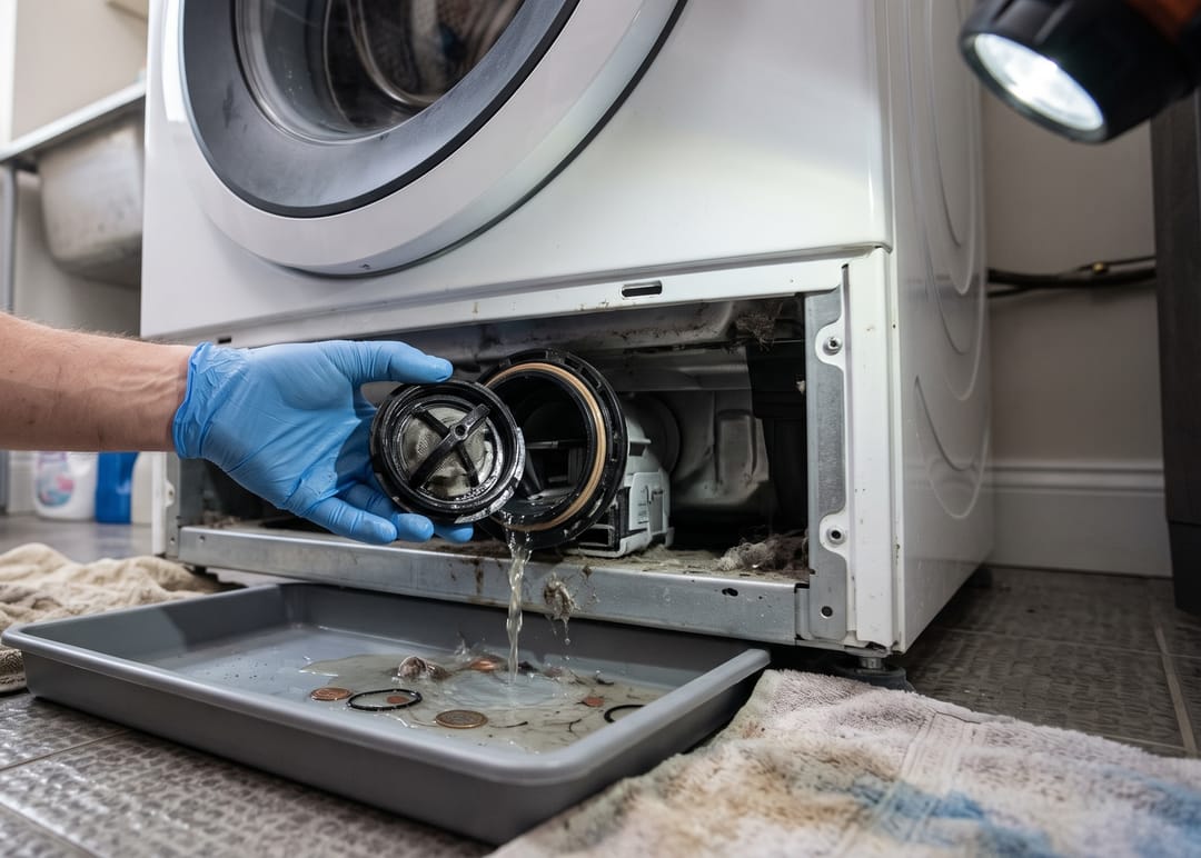 Drain pump filter removed from the front access panel of a washer