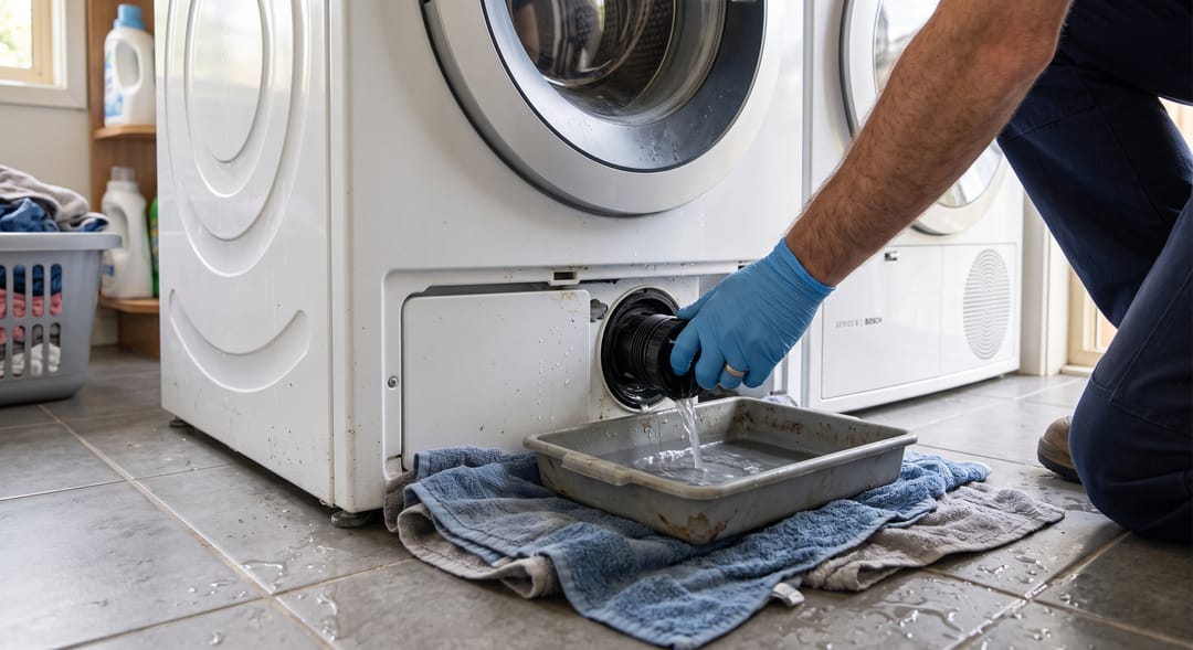 Appliance repair technician performing a washing machine drainage service, emptying water from the drain pump filter into a drip tray in a residential laundry room