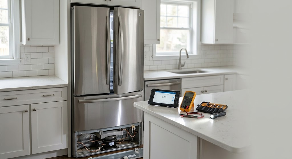 Technician diagnosing a fault during a appliance diagnostics visit